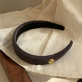 Thick velvet sponge headband in charcoal grey featuring a luxury golden round metal button - Elegant Grey