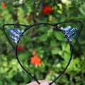 Cat ear headband with iridescent blue crystals and black metallic frame for party - No.83 Iridescent Blue
