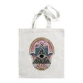 White canvas tote bag featuring a Hamsa Hand and Evil Eye mystical graphic print - Moon Star Hamsa L