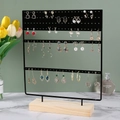 Three-tier black metal earring display stand with natural wooden base for jewelry storage - 144 Holes Large Normal / Black
