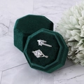 Octagonal dark green velvet box featuring two silver rings with sparkling round diamonds - Triple Ring Box / Dark Green