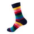 Colorful horizontal striped cotton crew socks with navy blue heel and toe accents - No. 193 Multicolor Stripe