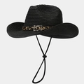 Detail of black straw cowboy hat featuring leopard print band and metal buckle - Black