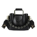 Large black leather tote bag with wide patterned strap and gold metal handle - Black