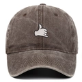 Detail of vintage washed brown cotton baseball cap with white Shaka sign embroidery - Coffee