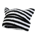 Handmade black and white striped crochet beanie with cute cat ears for winter warmth - Black & White Stripes
