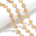 Pink and gold enamel daisy flower chain link necklace for DIY jewelry making - Price per Meter / Gold-Pink