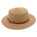 Close-up of woven straw texture and dark brown leather belt buckle on a boater hat - One Size / Khaki