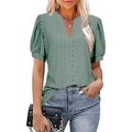 Sage green V-neck women's top with puff sleeves and eyelet hollow embroidery details - S / Dark Green