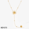 Goldene Edelstahl Y-Halskette mit doppelten Gesichtern der Sonne und Perlenkette - Sonnen Gesicht Y-Halskette (KD1573) / Gold