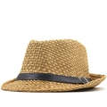 Classic straw fedora hat with black leather band and silver buckle for sun protection - M(56-58cm) / Khaki