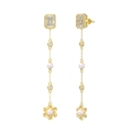 Elegant gold drop earrings with white pearls and sparkling rectangular cubic zirconia - Golden Flower Pearl Dangle Earrings (GPE57)