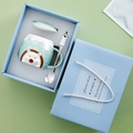 Blue 3D hedgehog ceramic mug gift set with spoon and lid in a premium gift box packaging - Green Cup + Lid + Spoon + Blue Gift Box