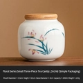 Mini white ceramic tea canister with hand-painted orchid pattern and round wooden lid - Dehua White Hand Painted Orchid - Jar