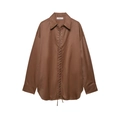 Detail of dark brown satin shirt featuring unique eyelet lace-up front and classic pointed collar - XS / Dark Brown