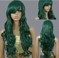 Deep green long wavy cosplay wig with side-swept bangs showing front and back views - Dark Green