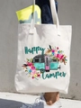 Off-white canvas tote bag featuring a vintage floral Happy Camper van print - Happy Camper Van