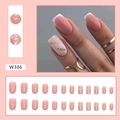 French marble pink press-on nails with gold foil accents, square shape 24pcs set - Minimalist Marble Style With Glue (W386)