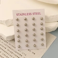 Lot de 12 paires de puces d'oreilles boules en acier inoxydable argenté minimaliste - Argent (5mm)