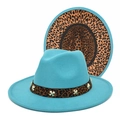 Detail of turquoise fedora hat with leopard print band and gold metal cross ornament - M (56-58cm) / Lake Blue
