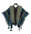 Ethnic knit poncho featuring colorful wave patterns and fringe tassels in blue and green - Cardigans / New Green