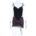 Conjunto de top corsé de encaje negro y minifalda fruncida morado oscuro - XS / Marrón