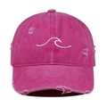 Detailed view of the rose pink distressed baseball cap with white wave embroidery - One Size / Rose Red