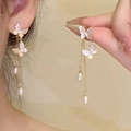Elegant gold butterfly tassel earrings with white shell accents and hanging pearls - Gold Butterfly Mother of Pearl Tassel Earrings (Silver Earring Post) E2431