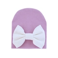 Cute newborn baby knit beanie in lilac purple with a large white decorative bow - 0-6 Months / Purple and White