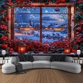 Christmas tapestry featuring a snowy village view through a vintage wooden window - 300x230cm / Christmas Snow Window Scene