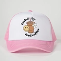 Pink and white mesh trucker hat with fueled by iced coffee print and smiley face graphics - One Size / Pink