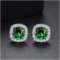 Sparkling square cut green gemstone stud earrings with silver pavé diamond halo - Silver with Green Rhinestone