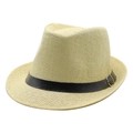 Detailed view of straw fedora hat with fine texture and black leather belt buckle - M(56-58cm) / Beige