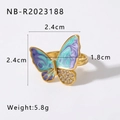 Detailansicht der 2,4cm x 2,4cm Abmessungen des blauen Emaille Schmetterlingsrings - Einstellbar Offen / Blau-Violetter Farbverlauf-Stil (NB-R2023188)