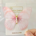 Pink sheer tulle butterfly hair clip with gold glitter and white pearls on card - With Hair Clip / Pink