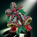 Exquisite golden Christmas bell brooch with red and green rhinestones and a festive bow - Large Christmas Bells