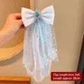 Blaues Elsa Prinzessin Haarschleife mit Schneeflocken Juwel und 28cm Glitzer Netzschleier - 6# Blau Kristall Schleier-Haarclip