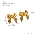 Golden 18K gold plated 304 stainless steel bow stud earrings with zircon stones 1.2CM - Bow Tie Zircon Style (S-E275)