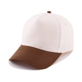 Detail of the five-panel cotton baseball cap featuring brown brim and white crown - Coffee