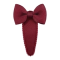 Detailed view of dark red grosgrain ribbon bow hair clip with textured drop-shaped base - Burgundy