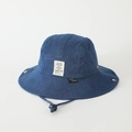 Detailed view of kids denim bucket hat with New York label and black windproof cord - 52cm (2-5 Years) / Square Label - Dark Blue