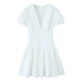 Minimalist white poplin dress with short puff sleeves and pleated flared skirt design - XS / White