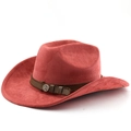 Detail of rust red felt cowboy hat featuring a brown faux leather band and metal badge - M (56-58cm) / Brick Red