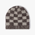 Winter checkered knit beanie in coffee and cream color with ribbed cuff detail - Coffee