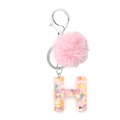Pink faux fur pompom and letter H resin keychain with colorful heart sequins - Letter H
