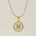 18K gold plated snake chain necklace featuring a round shell pendant with letter N - Letter N
