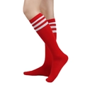 Red over-the-knee socks with triple white stripes, high-quality athletic knit style - One Size / Red/White Stripes