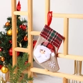 Linen Christmas stocking with Santa Claus 3D character and red plaid cuff hanger - Burlap Santa / Small