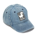 Detailed view of light blue denim baseball cap featuring a pixel dinosaur rubber patch - 52-54cm / Medium Blue & White