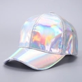 Metallic iridescent holographic baseball cap with reflective rainbow finish and silver base - Curved Brim / Silver